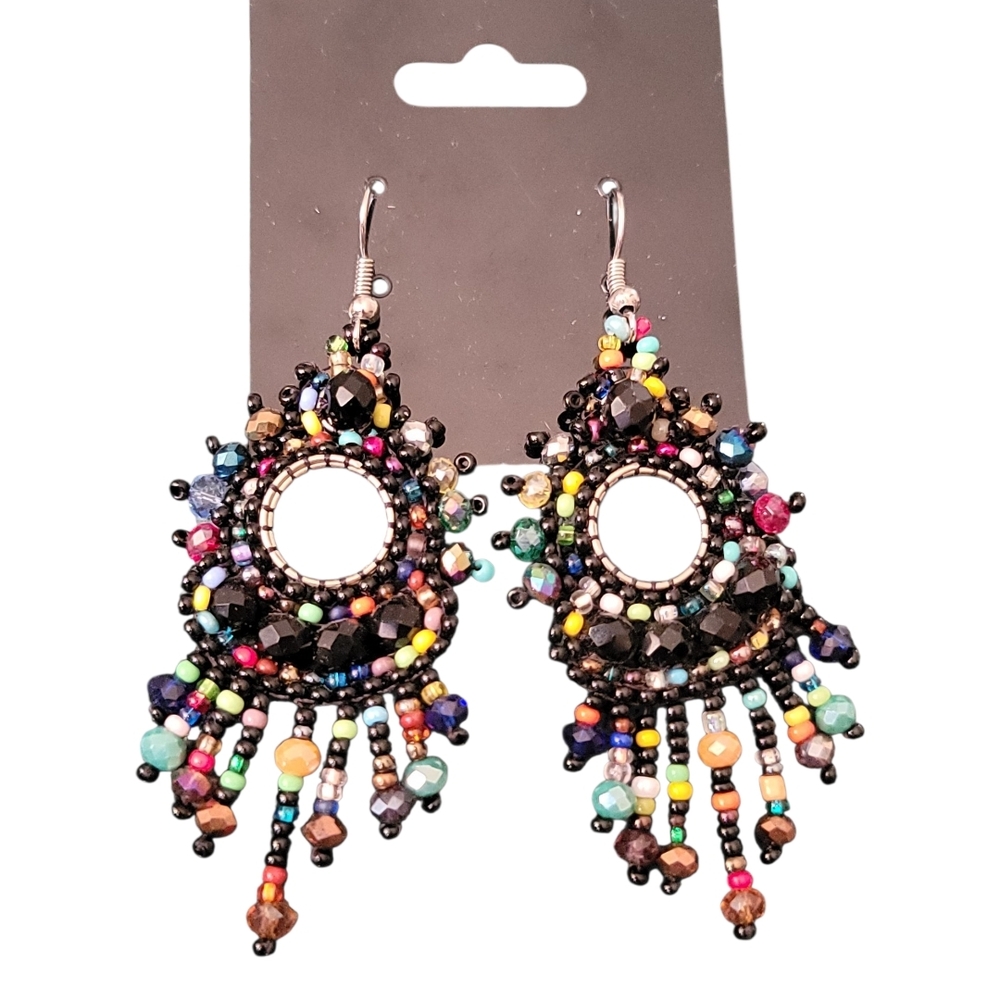 Handcrafted Bohemian dangle earrings made with multi-colored Seed beads